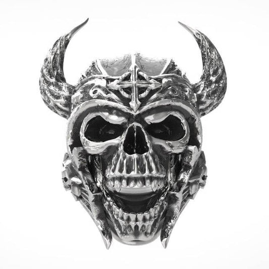 Bague biker viking avec tête de mort et casque à cornes