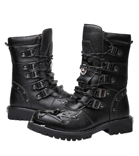 bottes de moto biker pour homme noires avec boucles métalliques et semelle antidérapante, style rock et gothique