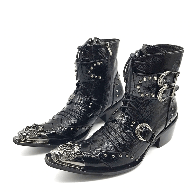 Bottes de moto homme style santiag en cuir noir et argenté avec clous, boucles décoratives et embouts métal tête de dragon