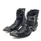 Bottes de moto homme style santiag en cuir noir et argenté avec clous, boucles décoratives et embouts métal tête de dragon