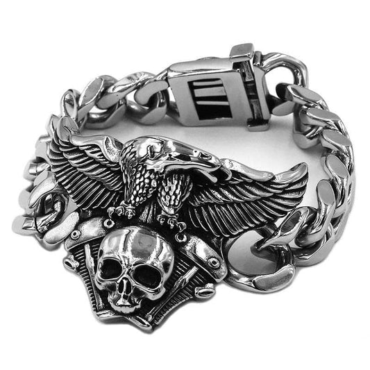 Bracelet biker homme en acier inoxydable avec aigle et tête de mort