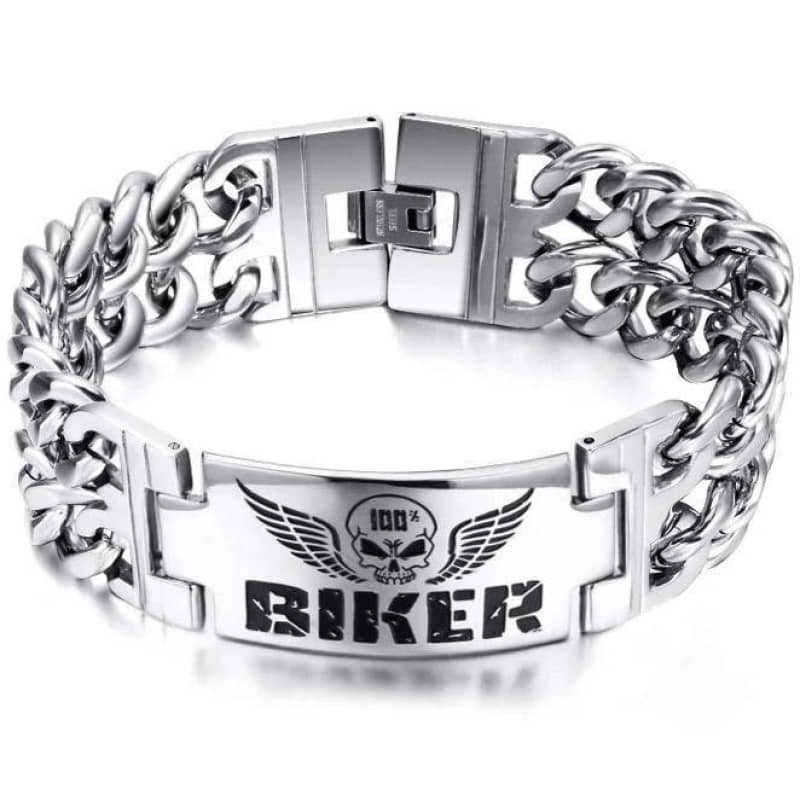 Bracelet homme biker en acier inoxydable 316L avec tête de mort et inscription 100% biker