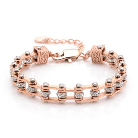 Bracelet chaîne moto femme en acier rose doré style biker chic