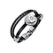 Bracelet cuir noir homme style biker avec motif cartes en acier inoxydable