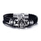 Bracelet en cuir noir avec tête de mort argentée pour homme et femme style biker
