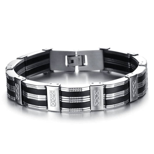 Bracelet homme style biker en acier inoxydable noir et argent, design motard robuste