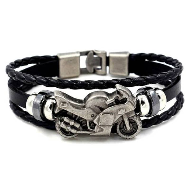 bracelet en cuir noir pour homme avec moto en acier inoxydable style biker