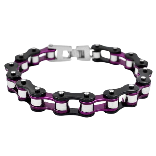 Bracelet chaîne moto pour femme en acier inoxydable violet et noir style biker