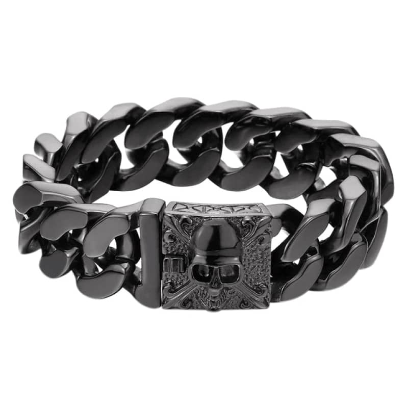 Bracelet biker noir tête de mort en acier inoxydable pour homme et femme