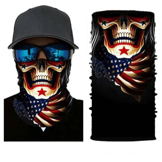 Cache-cou moto motif squelette américain avec drapeau, tissu respirant et léger, protection efficace contre le vent, la poussière et le froid, style rebelle et patriotique.