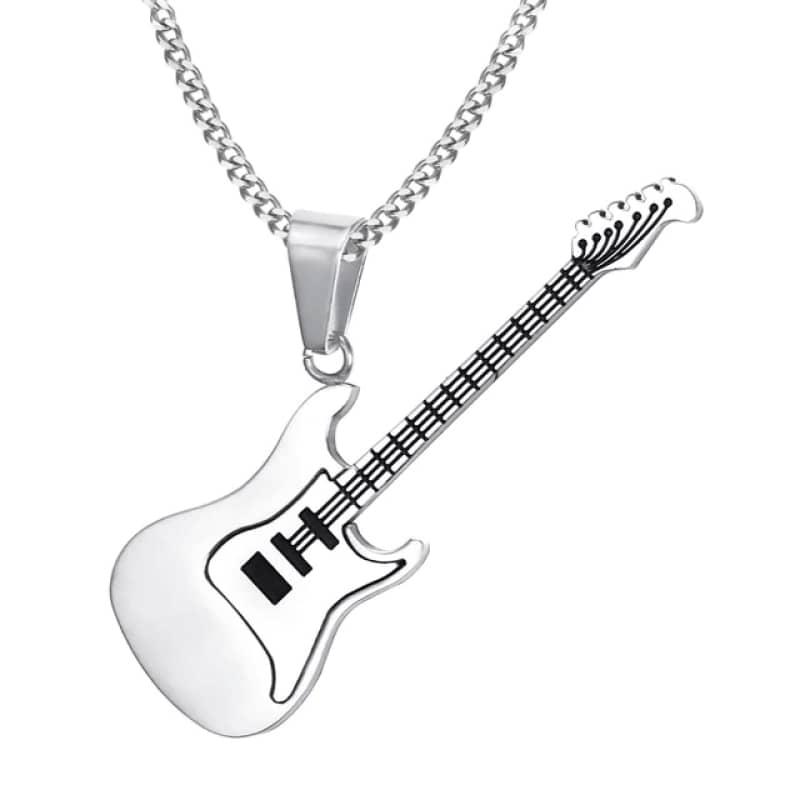 Collier Pendentif Guitare Tête De Mort En Acier Argenté - Style Rock - Neuf Sans Emballage