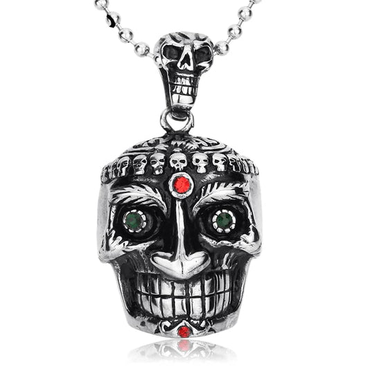 Collier tête de mort en acier inoxydable 316L avec pierres rouges et vertes pour homme et femme, style gothique et biker.