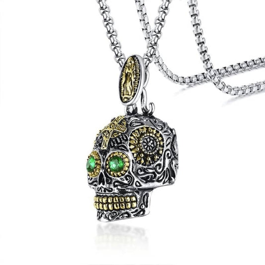 Collier tête de mort mexicaine pour homme en acier inoxydable 316L avec yeux verts et détails dorés