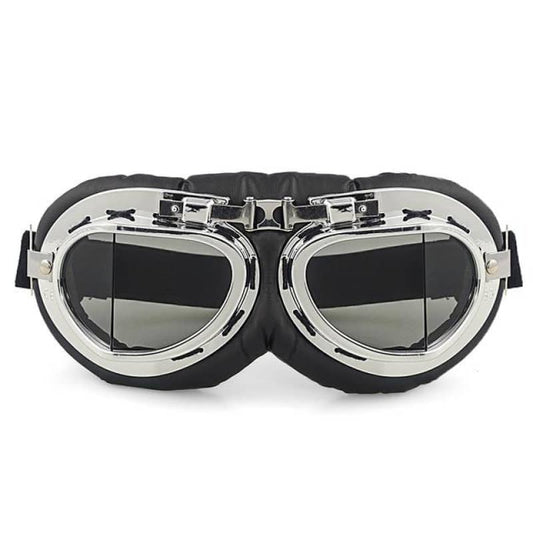 lunette moto aviateur chromée style rétro avec mousse noire et verre teinté fumé