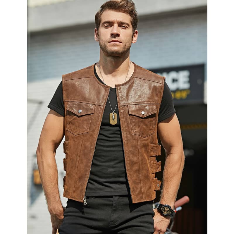 Tenue Biker Vetement Biker Homme Gilet En Cuir Sans Manche Marron