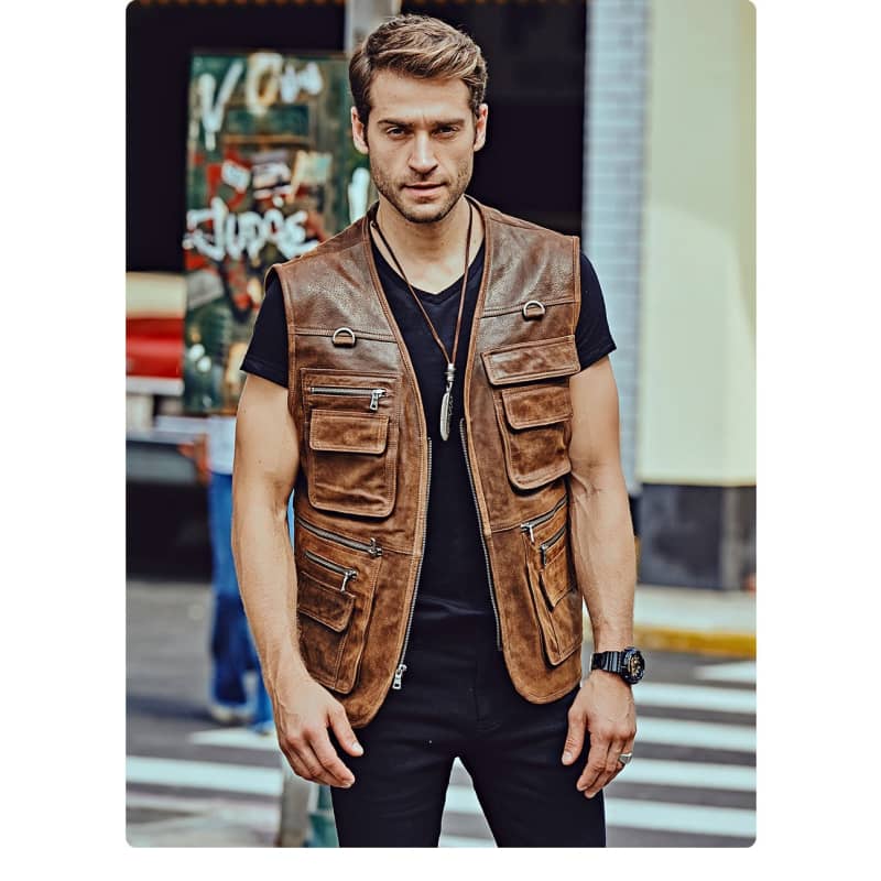 Gilet biker en sans Manche Cuir Marron Pour Homme biker