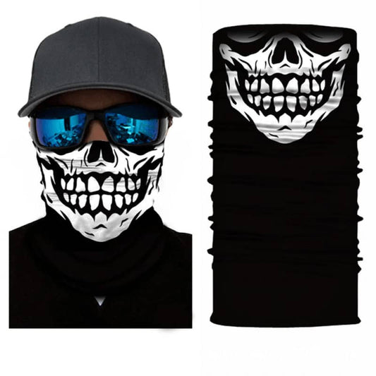 Tour de cou tube moto noir et blanc motif tête de mort, tissu respirant et léger, protection efficace contre le vent, la poussière et le froid, style biker audacieux.