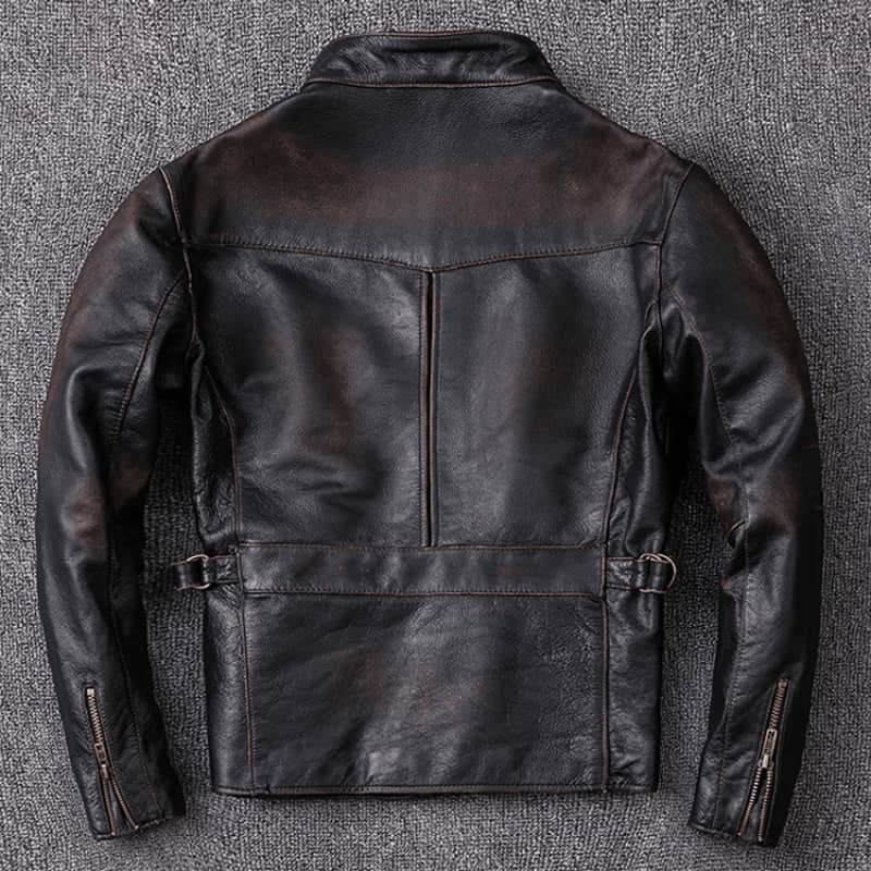 Blouson Moto Biker en Cuir Marron Vintage Homme