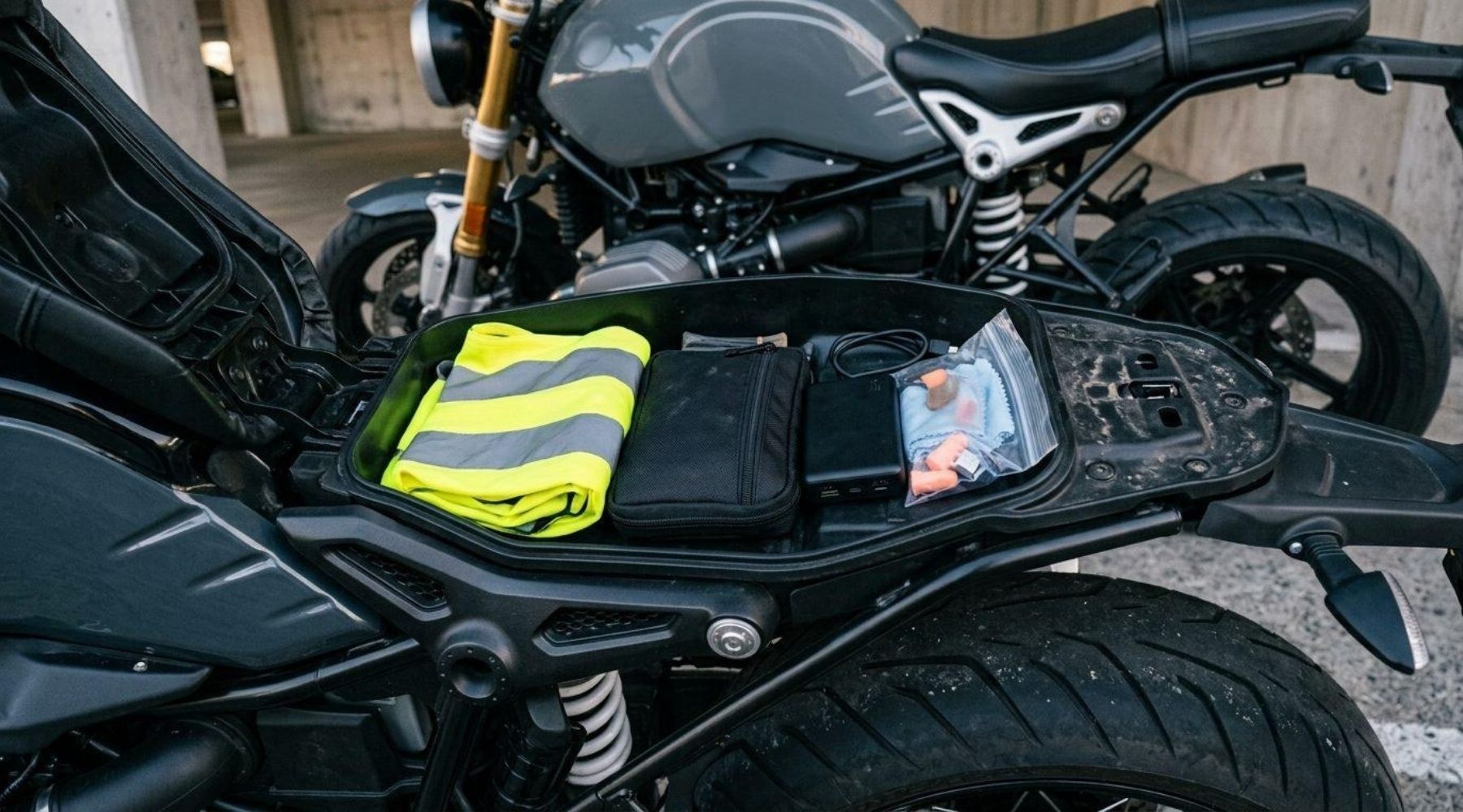 Kit d’équipement essentiel rangé sous la selle d’une moto
