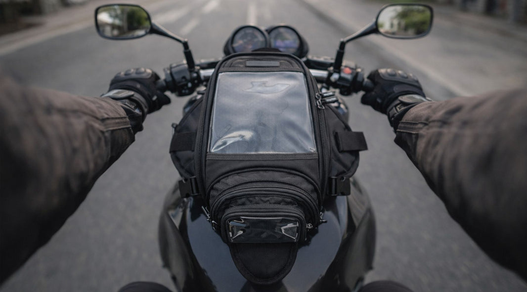 Sacoche de réservoir moto magnétique noire avec poche transparente et compartiments zippés