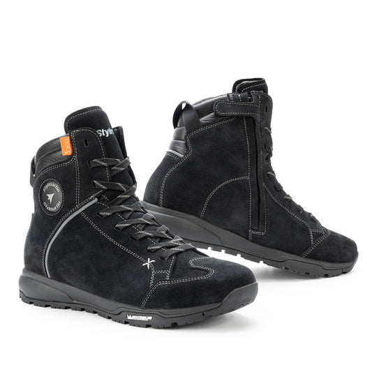 Basket moto Stylmartin ZED WP noire en cuir suède étanche avec semelle Michelin et protection D3O