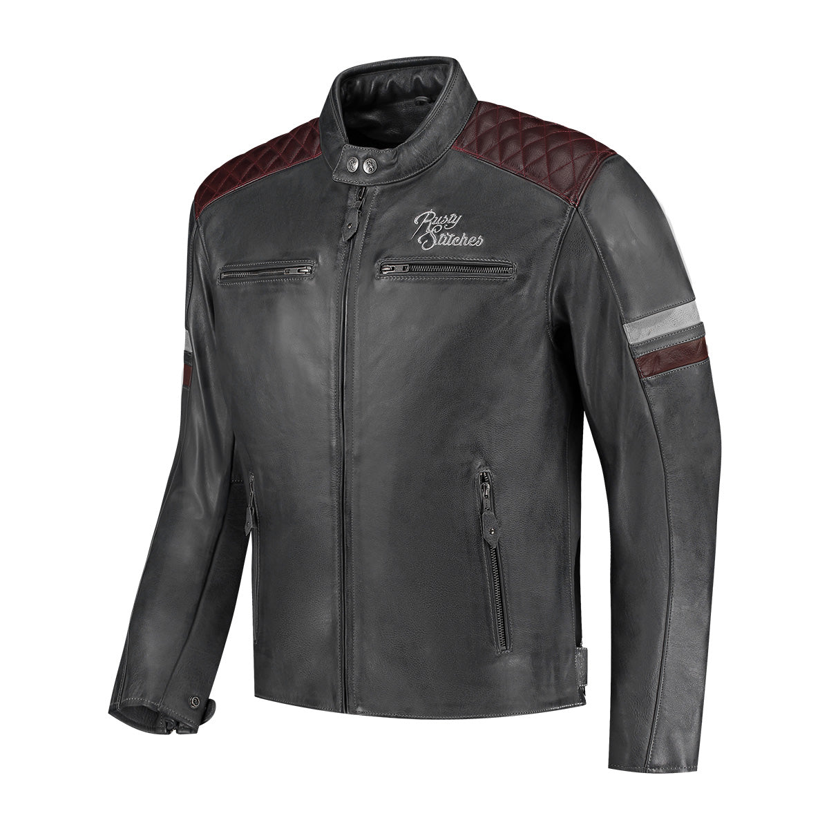 Blouson cuir homme style motard Rusty Stitches Jari V2 noir et bordeaux CE