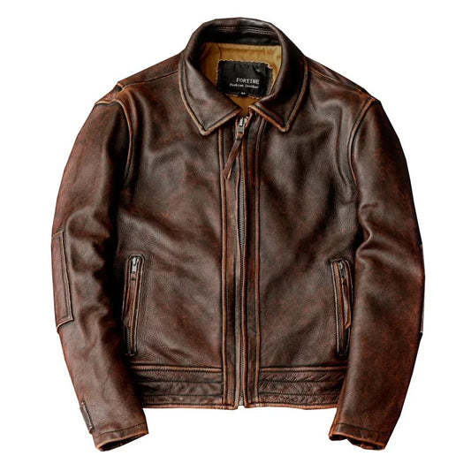 Blouson en cuir marron vintage pour homme biker