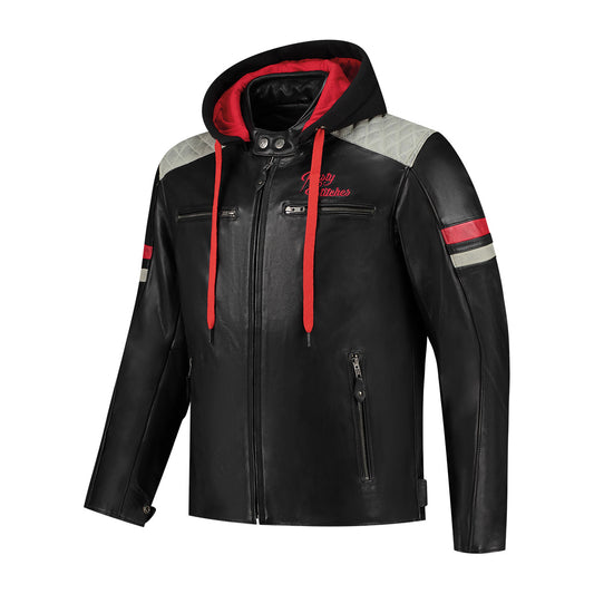 Blouson cuir motard homme Rusty Stitches Jari Hooded V2 noir capuche amovible homologué CE AA