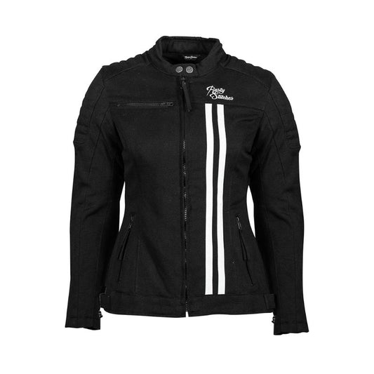 Blouson de moto femme noir Rusty Stitches Lauren bandes blanches protections CE