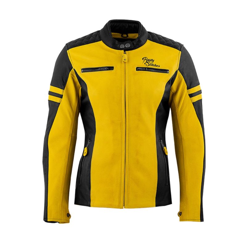 Blouson en cuir femme moto noir et jaune Rusty Stitches Joyce homologué CE