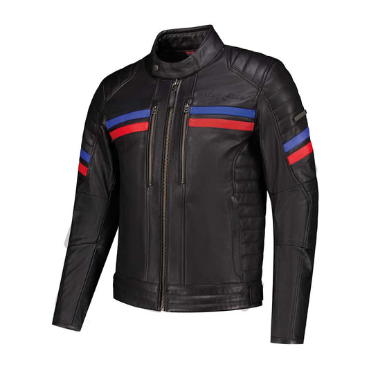 Blouson en cuir homme moto rétro racing noir bandes rouges bleues homologué CE