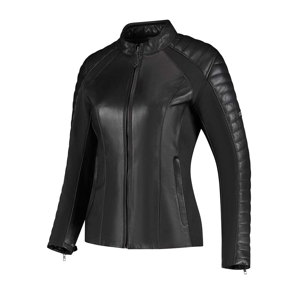 Blouson femme moto cuir noir certifié CE AA avec protections
