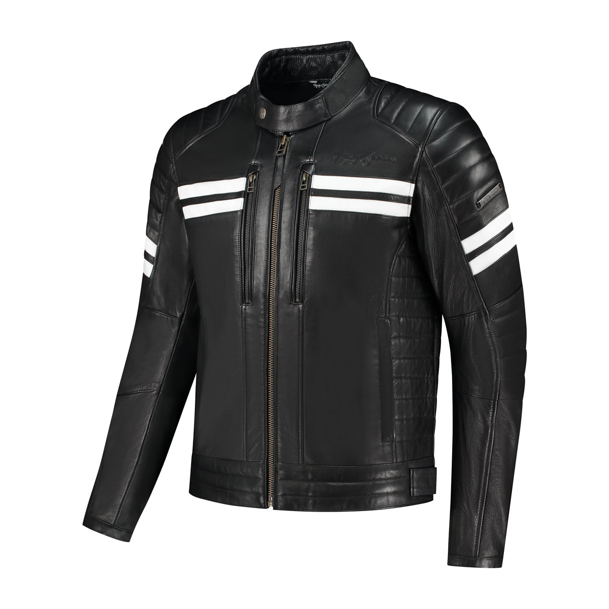 Blouson moto cuir homme rétro racing noir bandes blanches homologué CE