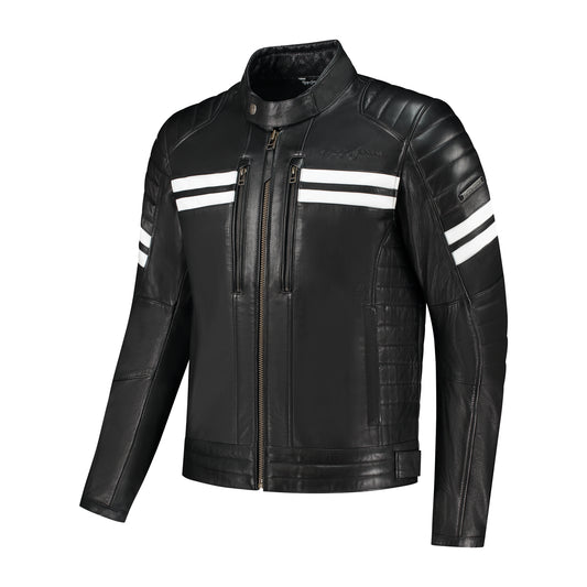 Blouson moto cuir homme rétro racing noir bandes blanches homologué CE