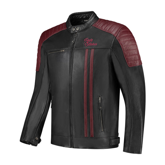 Blouson moto cuir vintage homme noir rouge Rusty Stitches Coope