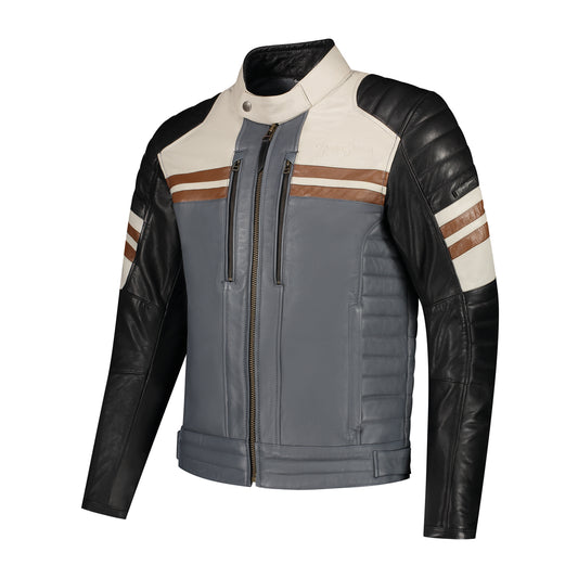 Blouson moto en cuir homme rétro racing gris noir marron homologué CE