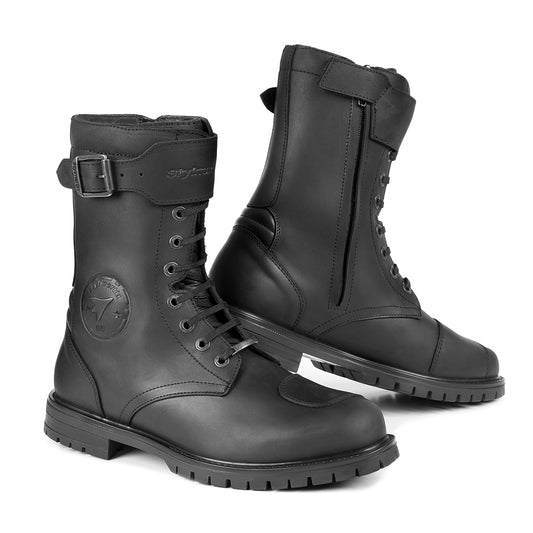 Bottes moto noires stylmartin rocket wp cuir militaire vintage imperméables certifiées CE