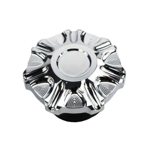 Bouchon de réservoir moto chromé avec finition sculptée, effet rond travaillé