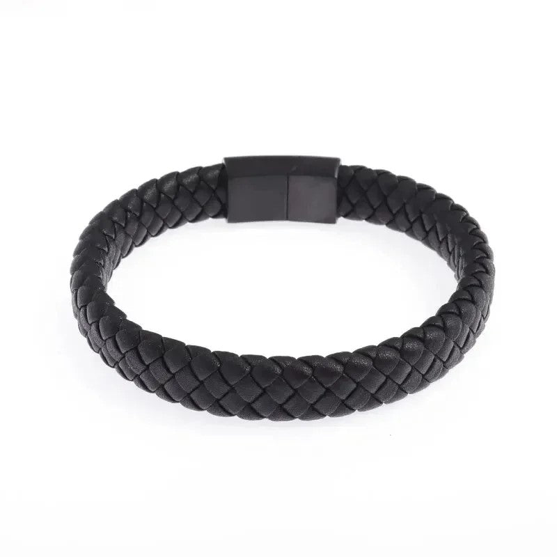Bracelet en cuir noir tressé pour homme avec fermoir magnétique