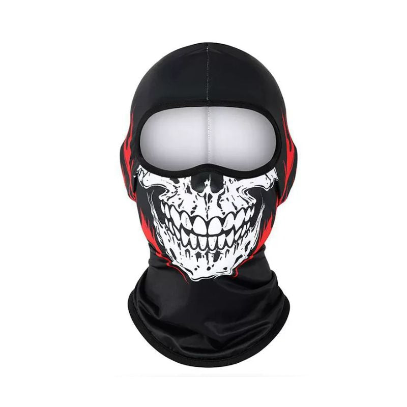 Cagoule moto blanche rouge avec design tête de mort