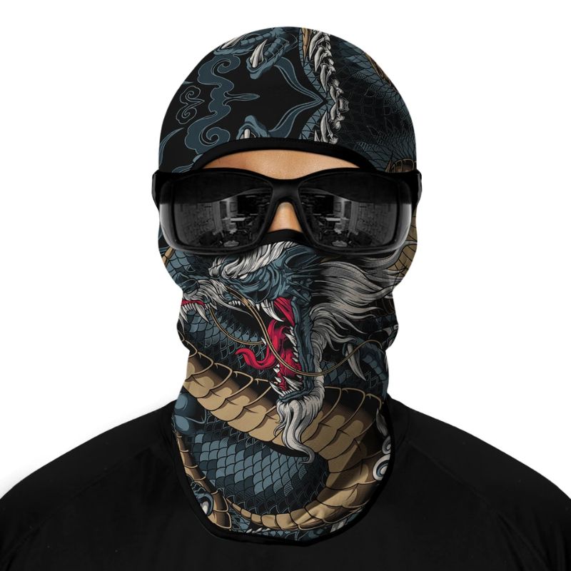 Cagoule moto dragon japonais noire pour biker avec motif asiatique stylisé