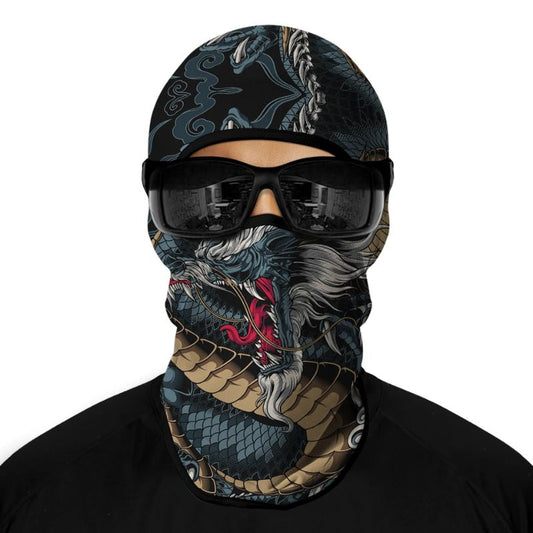 Cagoule moto dragon japonais noire pour biker avec motif asiatique stylisé