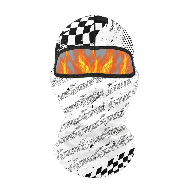 Cagoule moto noire et blanche style racing avec motif damier et flammes