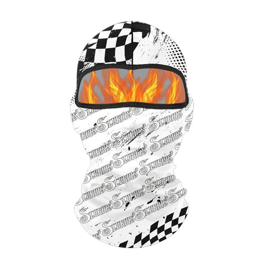 Cagoule moto noire et blanche style racing avec motif damier et flammes