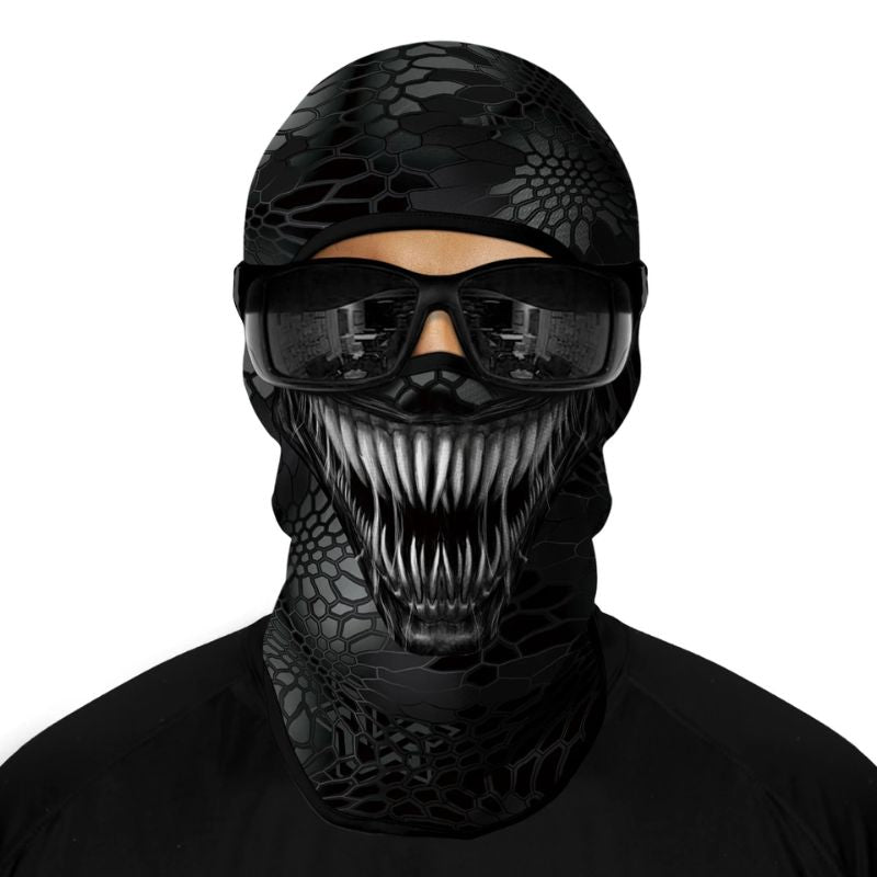 Cagoule moto Venom noire avec design agressif pour motards urbains et sportifs