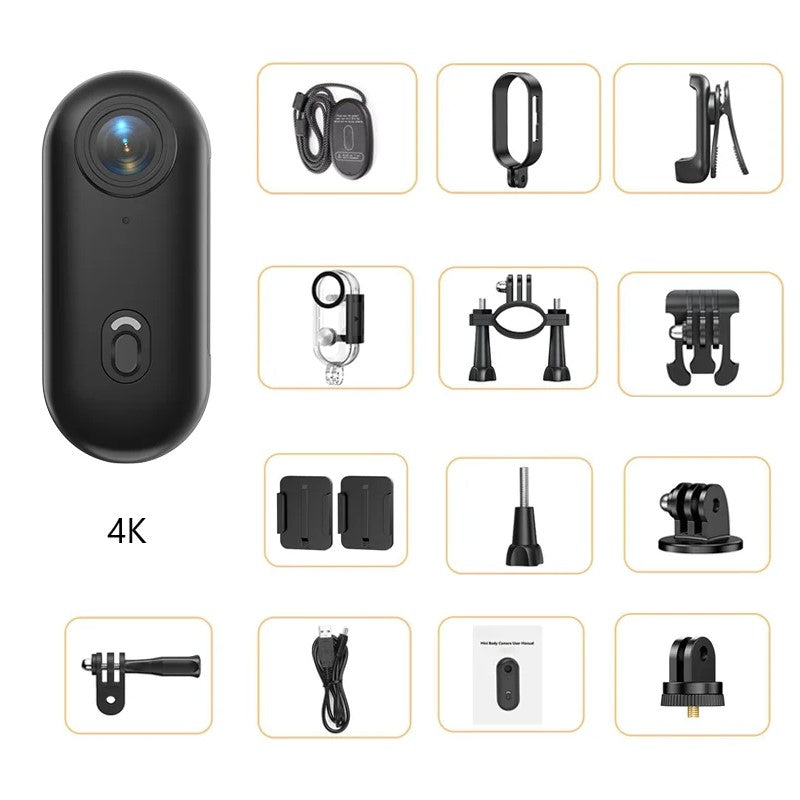 Caméra vélo 4K noire avec accessoires complets et objectif rotatif