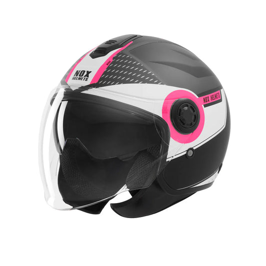Casque jet Nox N182 Round noir mat et rose, design urbain moderne.