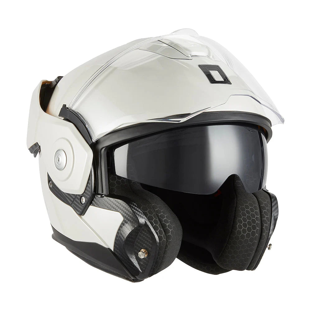 Casque modulable Nox Premium Spinner blanc perle, design néo-rétro, fibre de carbone.