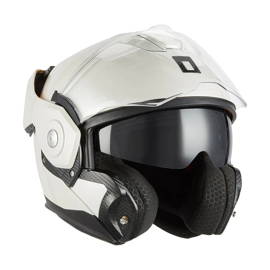 Casque modulable Nox Premium Spinner blanc perle, design néo-rétro, fibre de carbone.