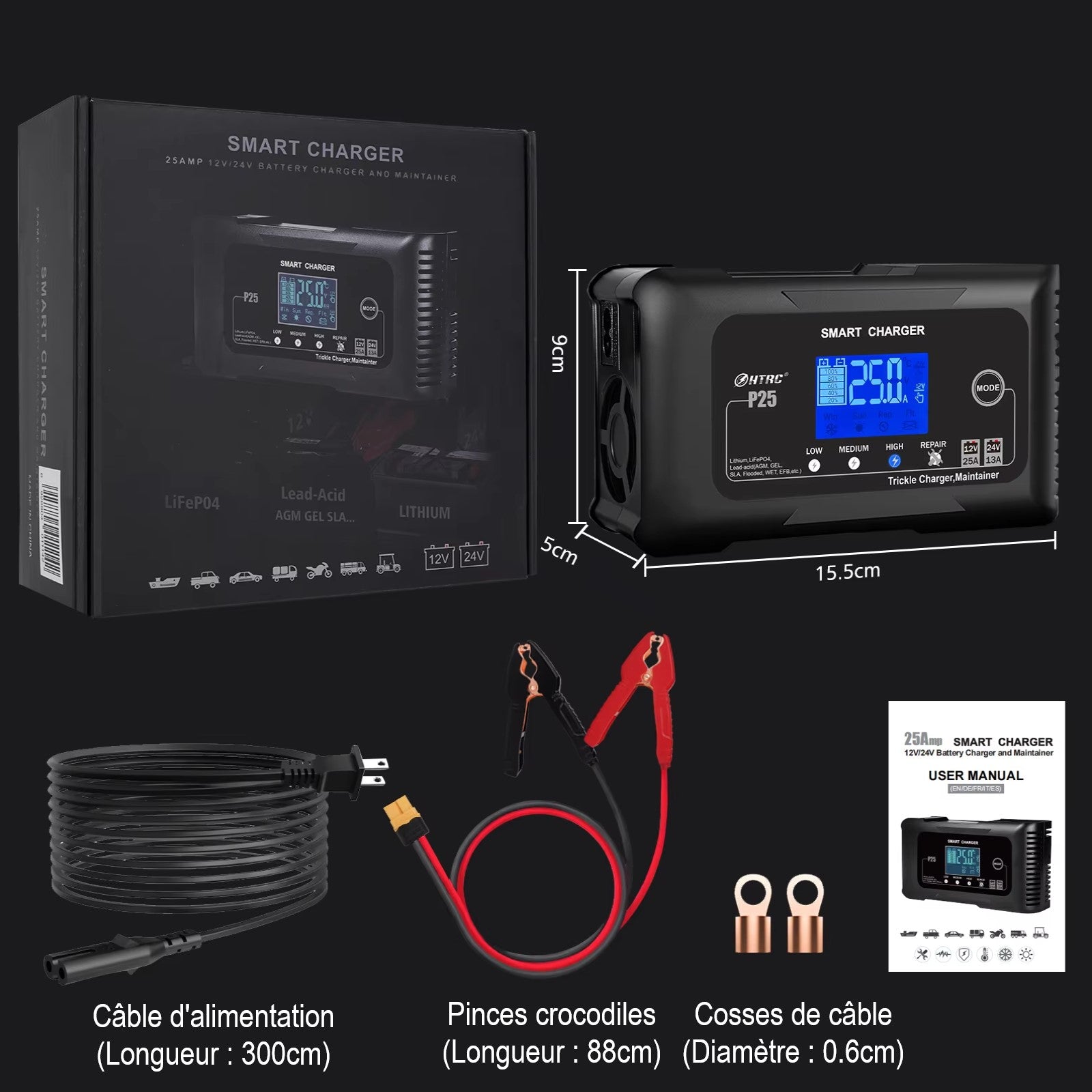 SuhuMotors 12V 24V Smart Battery Charger – 8 Amp, LCD Display, For Car Moto